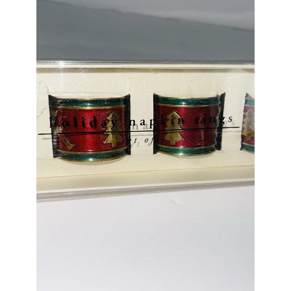 Pier 1 Brass & Enamel Reindeer Christmas Tree Napkin Rings Set of 4 Vintage NIB